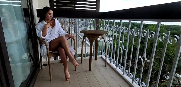  Morning coffee with first daily orgasm on hotel terrace with hot model - PassionBunny